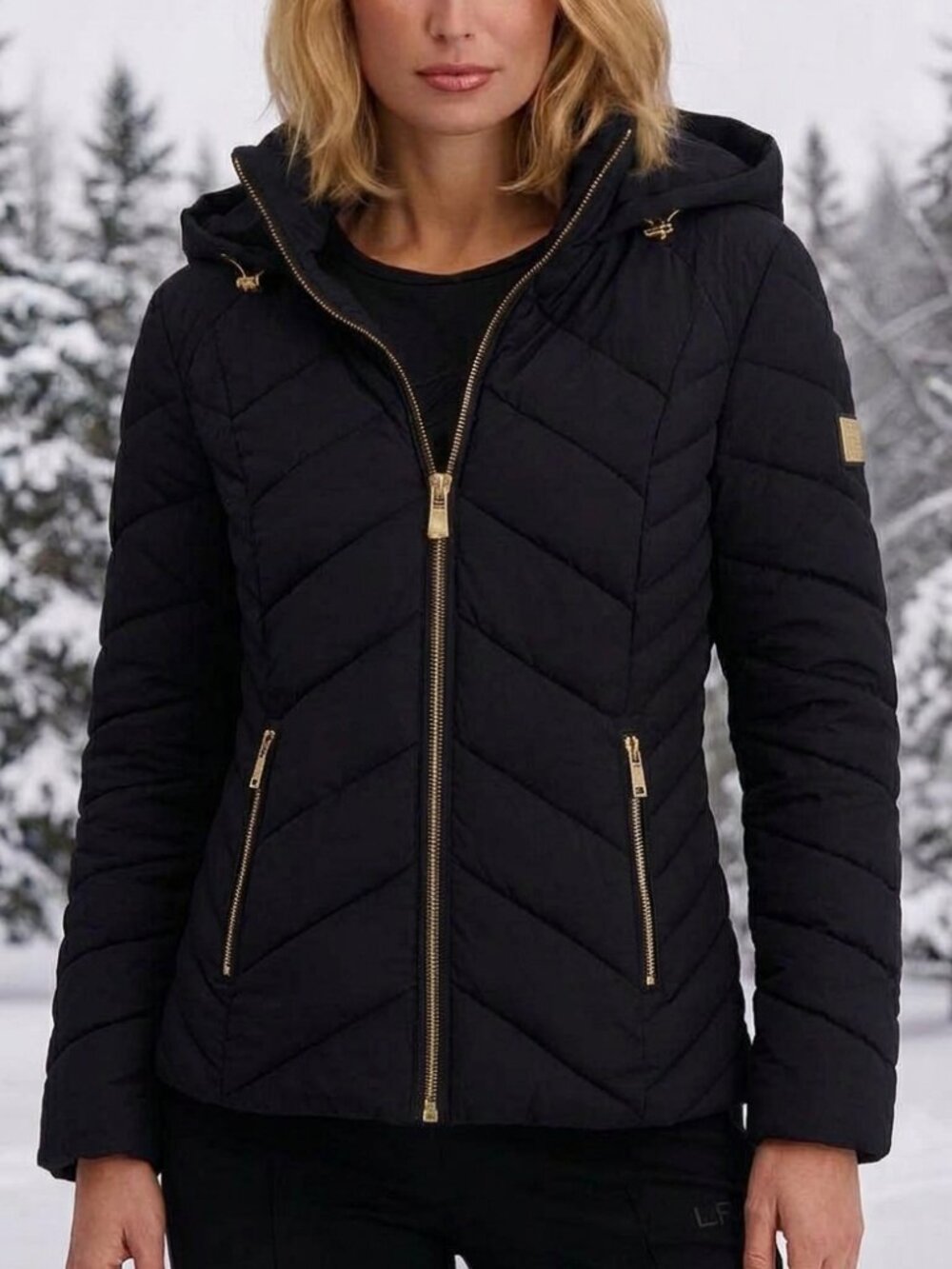 NWT Karl Lagerfeld Paris Black Chevron Puffer Jacket Hooded Gold Hardware Small